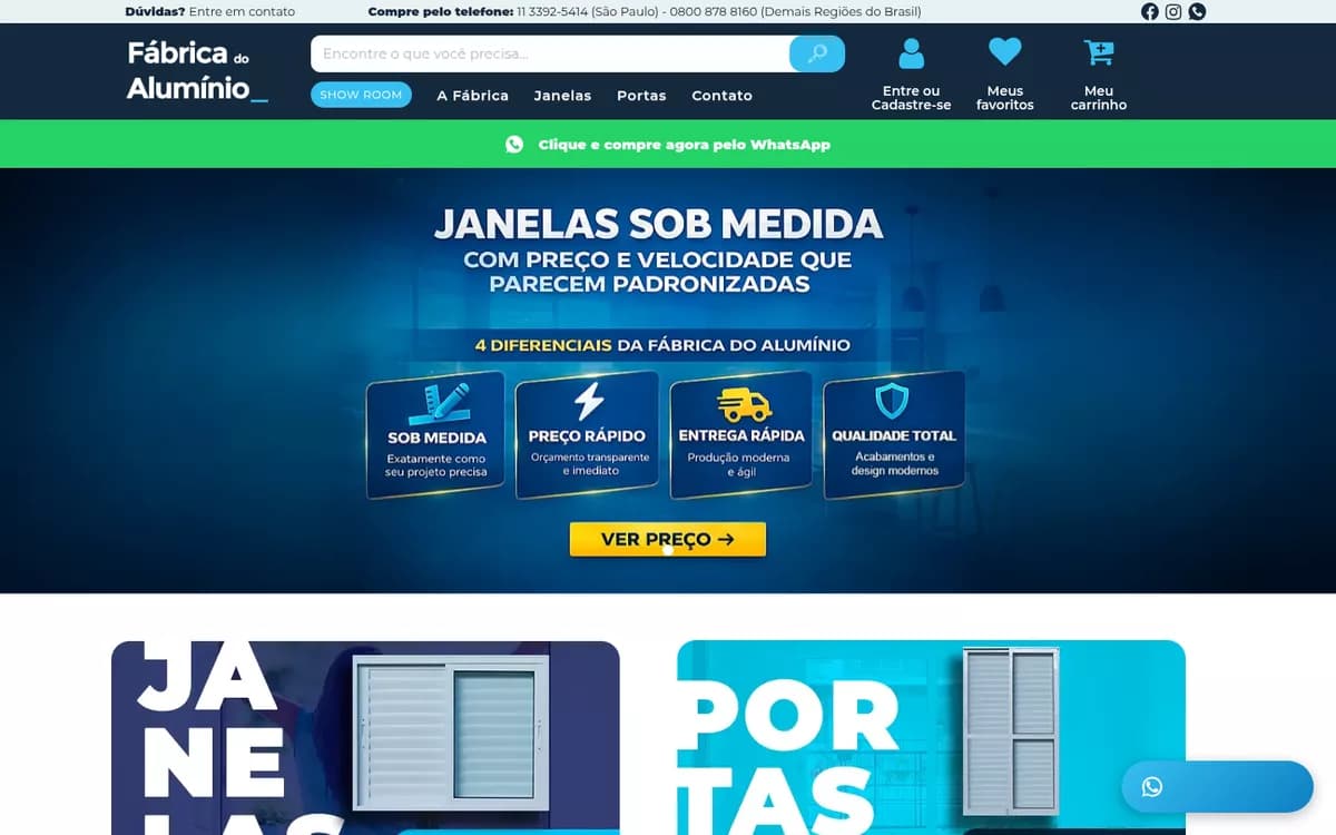 Loja virtual da Fábrica do Alumínio: busca de produtos no topo e banner de janelas sob medida com os quatro diferenciais da marca.