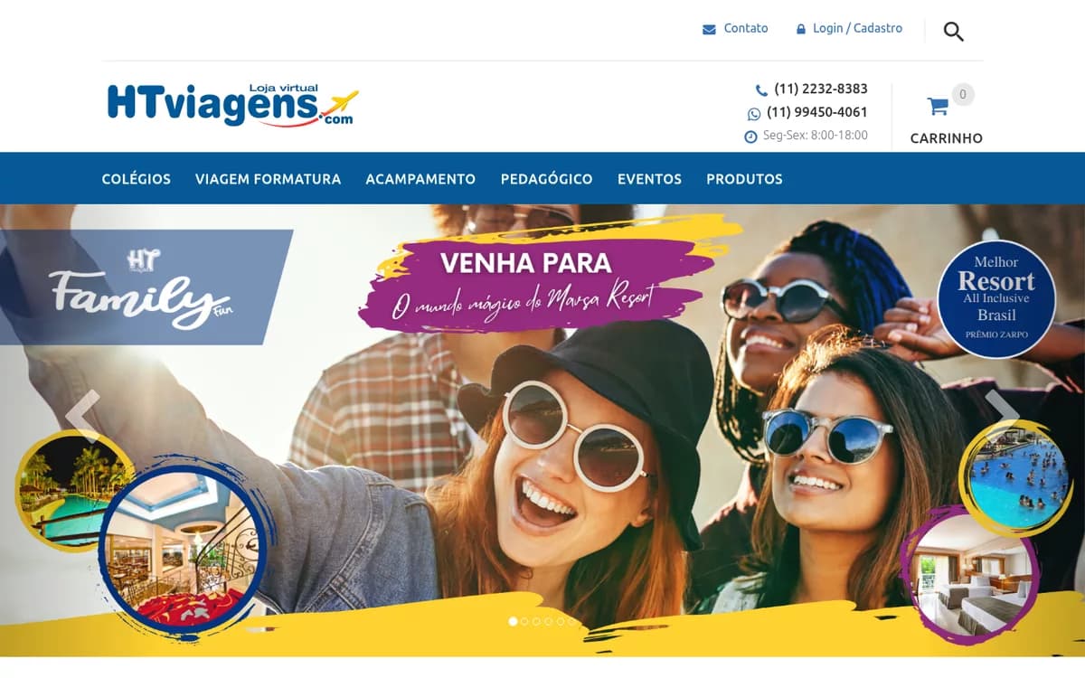 Loja virtual da HT Viagens: menu por tipo de viagem — colégios, formatura, acampamento, pedagógico e eventos — com carrinho de compras e banner rotativo de destinos.