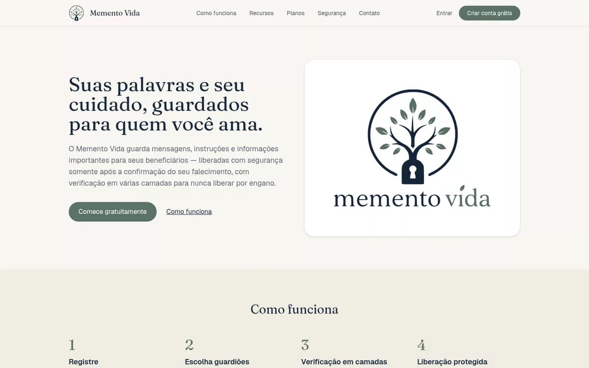 Página inicial do Memento Vida: sobre fundo bege, o título "Suas palavras e seu cuidado, guardados para quem você ama" ao lado da marca — uma árvore dentro de um círculo, com o tronco em forma de cadeado.