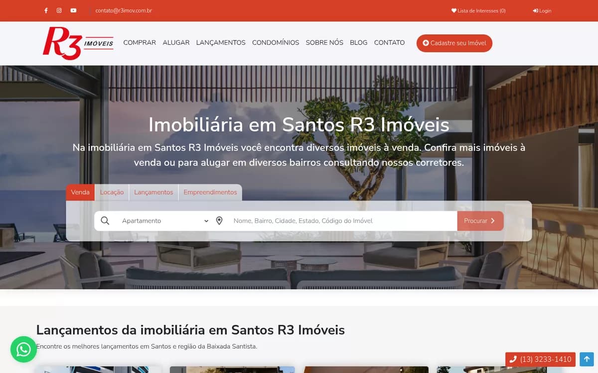 Portal da R3 Imóveis, imobiliária em Santos, com busca de imóvel por tipo e localização sobre o banner e a seção de lançamentos abaixo.